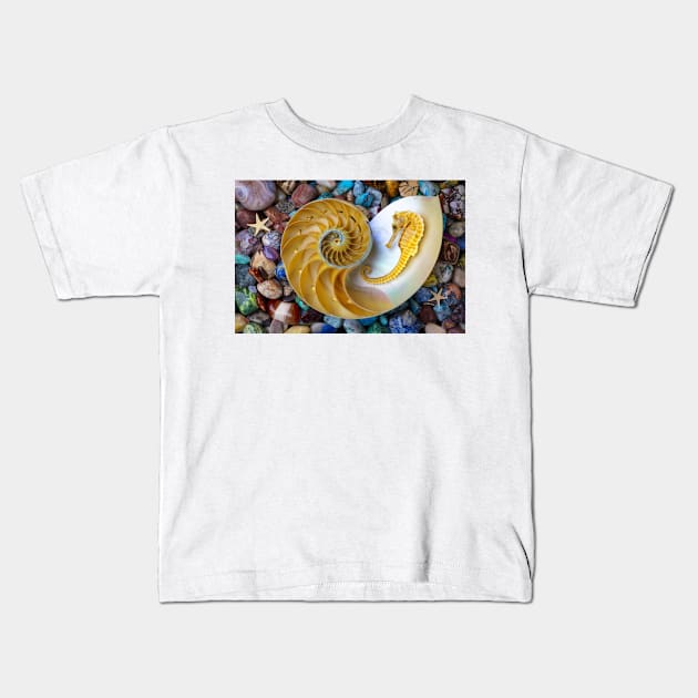 Nautilus And Seahorse On Colored Stones Kids T-Shirt by photogarry